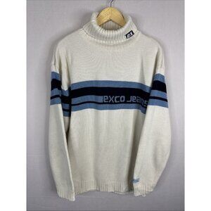 Vintage Y2K EXCO Jeans Turtleneck Sweater Cream Blue Stripe Logo Knit Men’s L‎